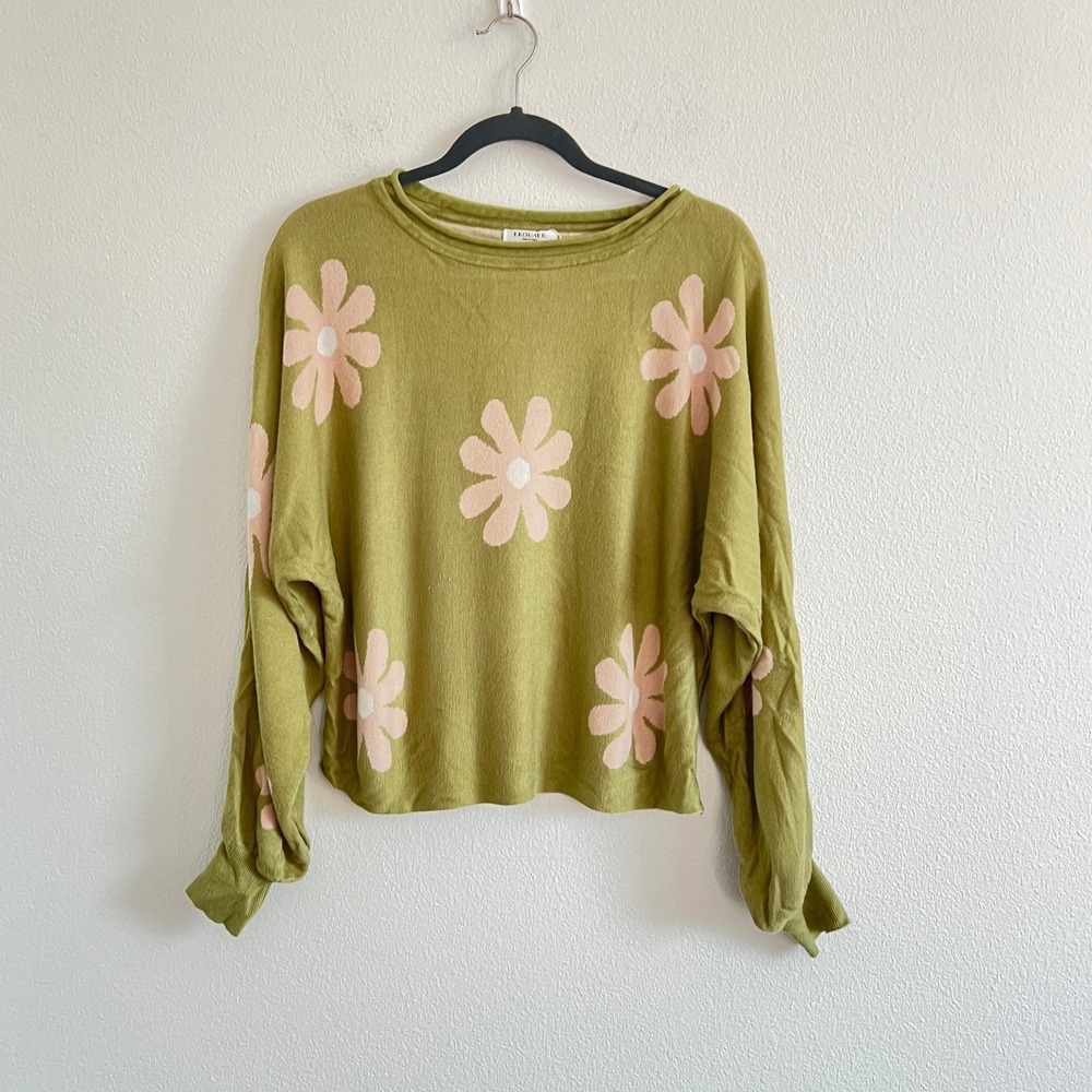 Ekouaer Green Pink Daisy Knit Long-Sleeve Sweater L Forestcore Cottagecore Earth